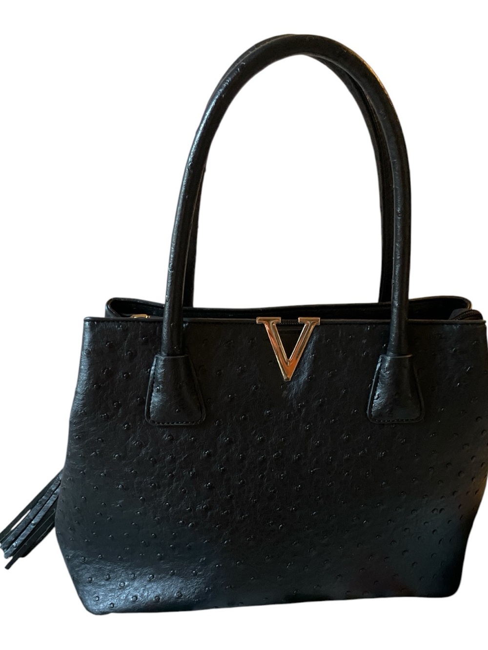 Crossi Faux Ostrich Black Tote Handbag